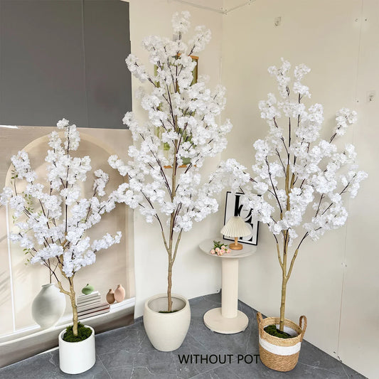 100–220cm Artificial White Cherry Blossom Tree – Faux Silk Leaves with Natural Trunk for Home & Wedding Decor