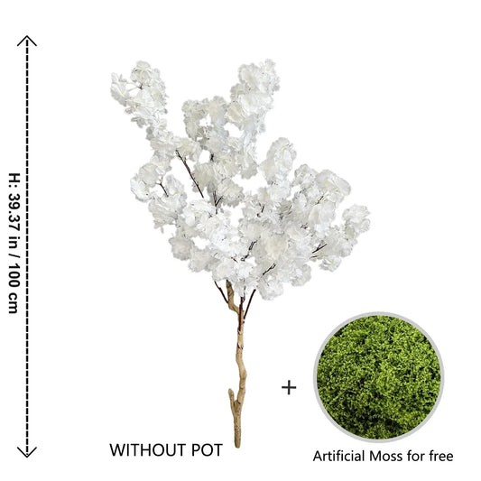 100–220cm Artificial White Cherry Blossom Tree – Faux Silk Leaves with Natural Trunk for Home & Wedding Decor